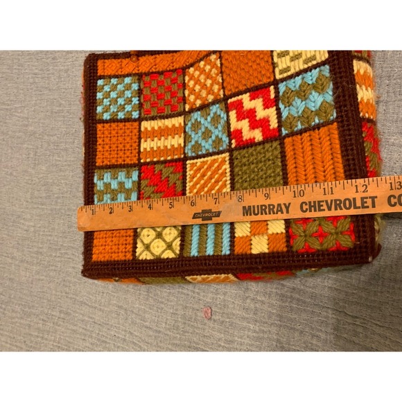 Handmade Patchwork knit Tote Bag purse Tortoise Shell Handles Vintage Unique - Picture 8 of 9